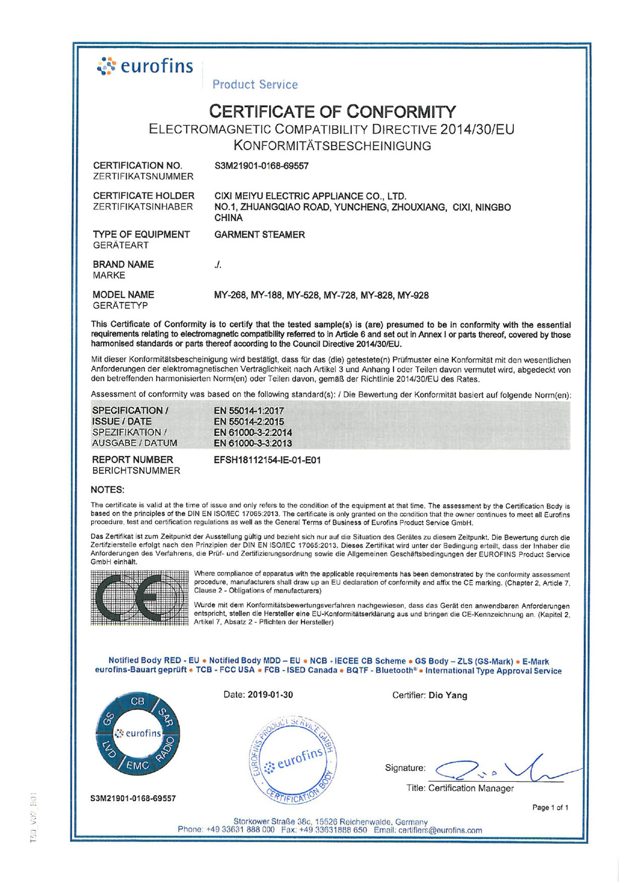Teastas EMC S3M21901-0168-69557_EMC CoC Teastas EMC S3M21901-0168-69557_EMC CoC